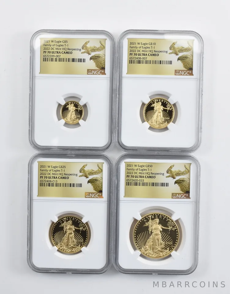 Set 2021-W $5/$10/$25/$50 Gold Eagle Type 1 DC Mint PF70 NGC Low Pop *9380