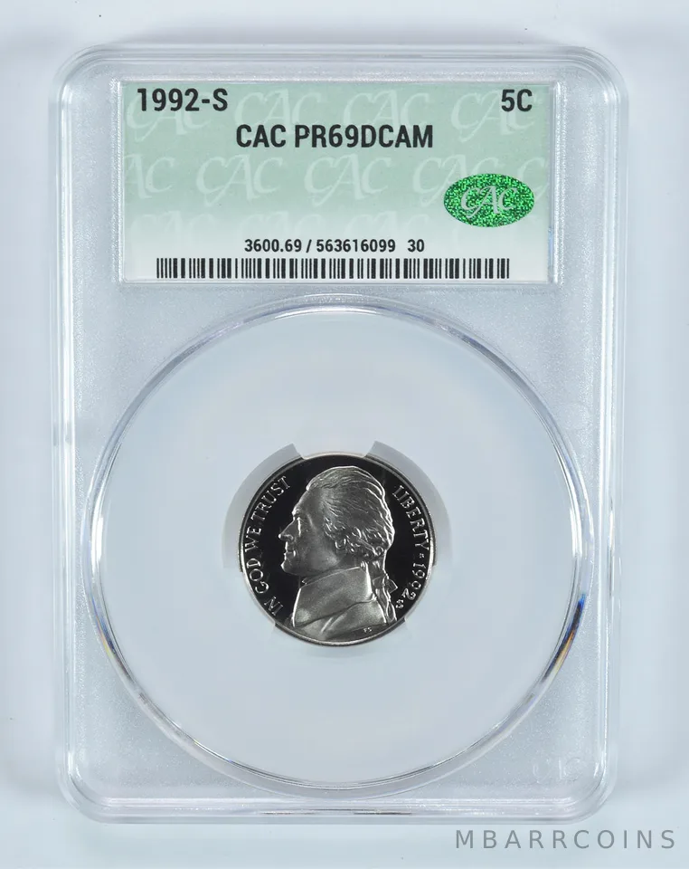 1992-S Jefferson Nickel PR69 DCAM CAC CACg