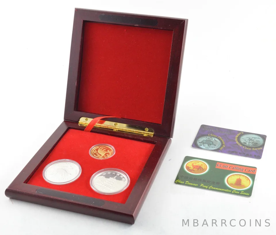 1995 China 10 Yuan Silver 50 1/2 Oz Gold Dinosaur 3 Coin Set w/ Box & COA *2318