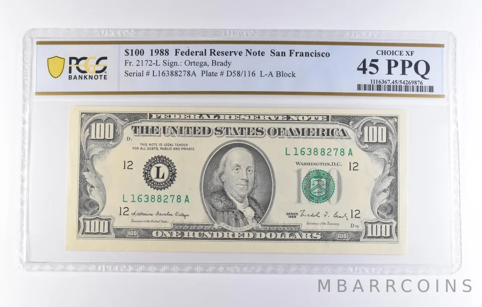 1988 $100 San Francisco CA FRN Fr#2172-L Choice XF 45 PPQ PCGS *8274