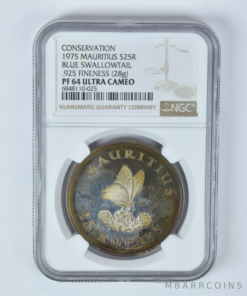 PF64 1975 Mauritius Silver 25 Rupees Blue Swallowtail NGC Beautiful Tone *5312