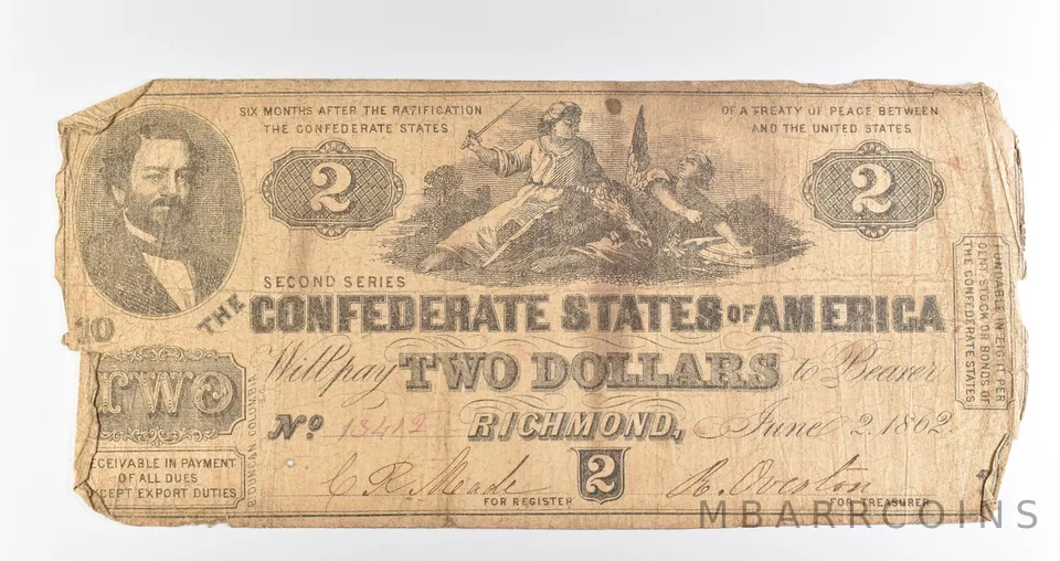 1862 $2 Richmond VA Confederate States Of America Obsolete Note *3923
