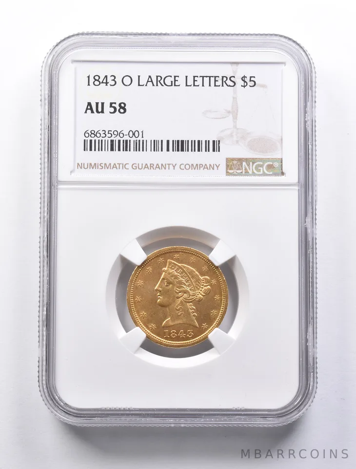 AU58 1843-O $5 Liberty Head Gold Half Eagle Large Letters NGC a1300