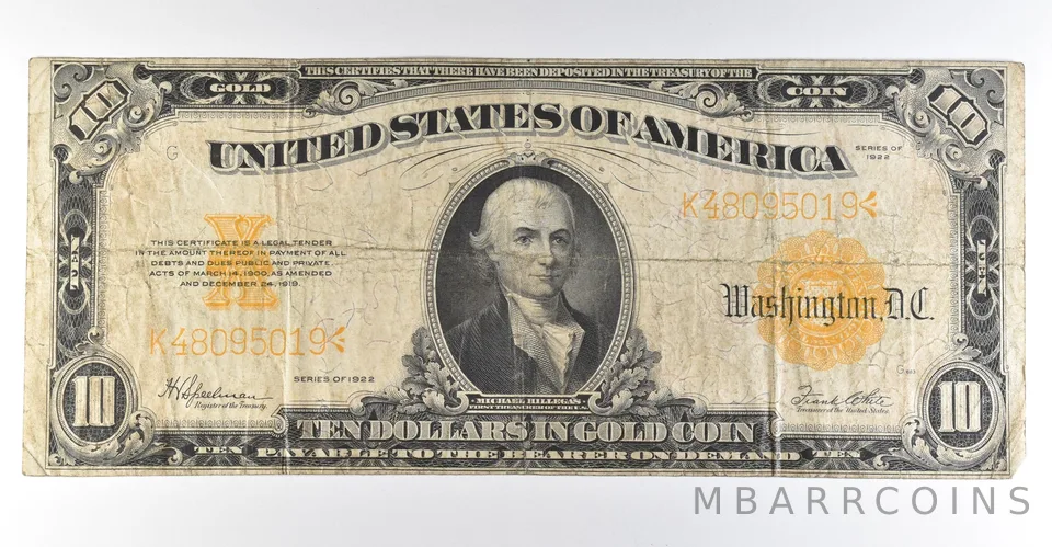 1922 $10 Gold Certificate Large Note Yellow Seal *8340