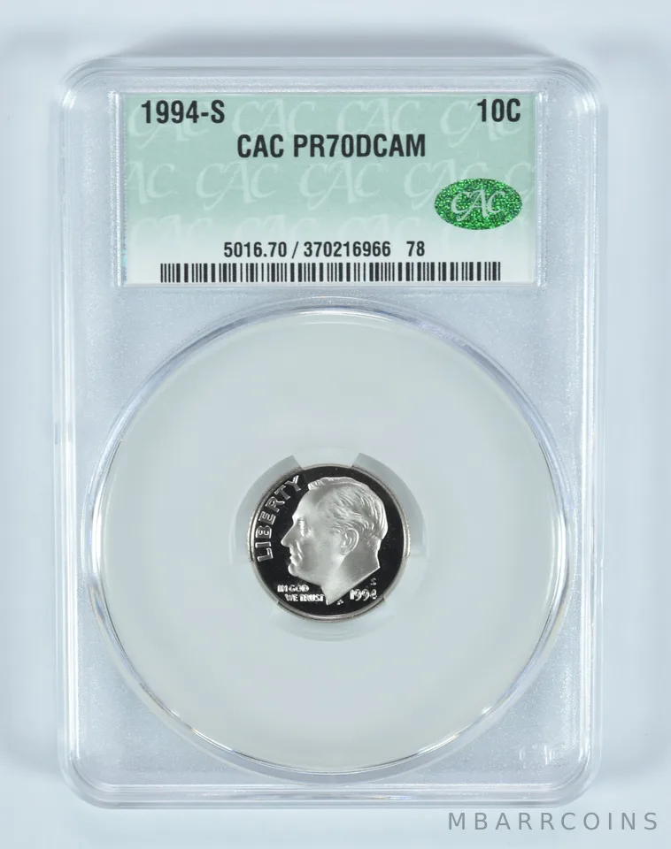 1994-S Roosevelt Dime PR70 DCAM CAC CACg