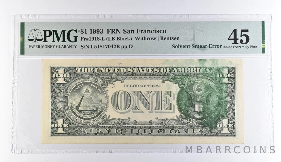 1993 $1 San Francisco FRN Solvent Smear Error Fr#1918-L Choice XF 45 PMG *9511