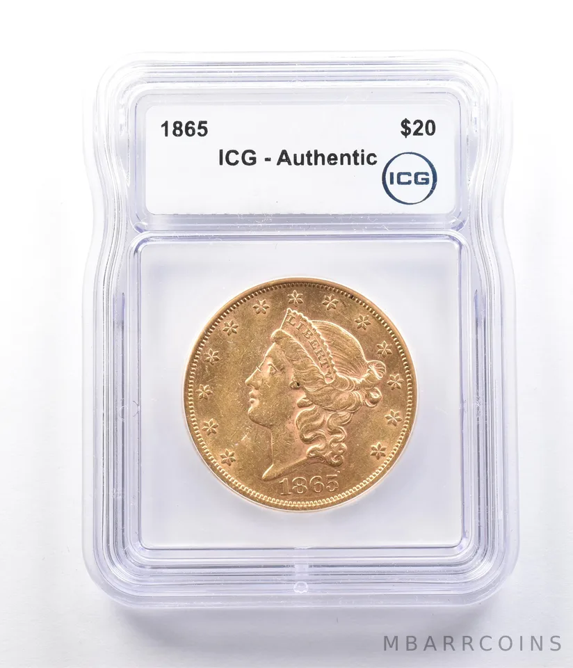 1865 $20 Liberty Head Gold Double Eagle Authentic ICG a2891