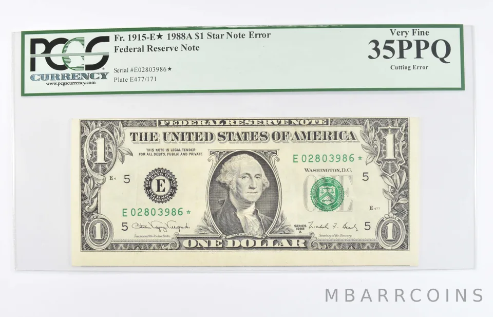 1988-A $1 US Fed Res Note Star Error FR#1915-E PCGS 35 PPQ Cutting Error a8071