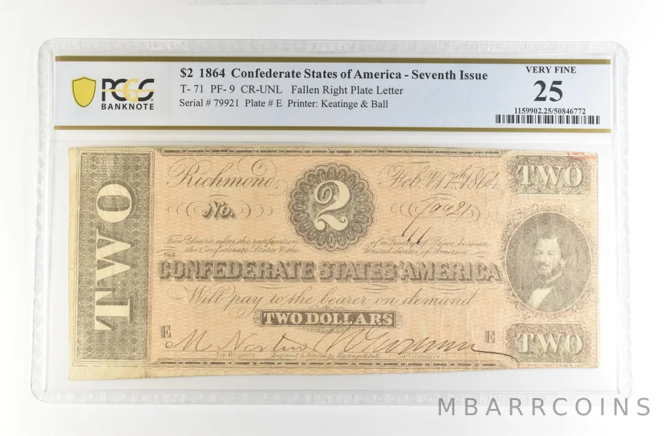 1864 $2 Confederate States America Large Note T-71 PF-9 CR-UNL VF 25 PCGS *4188