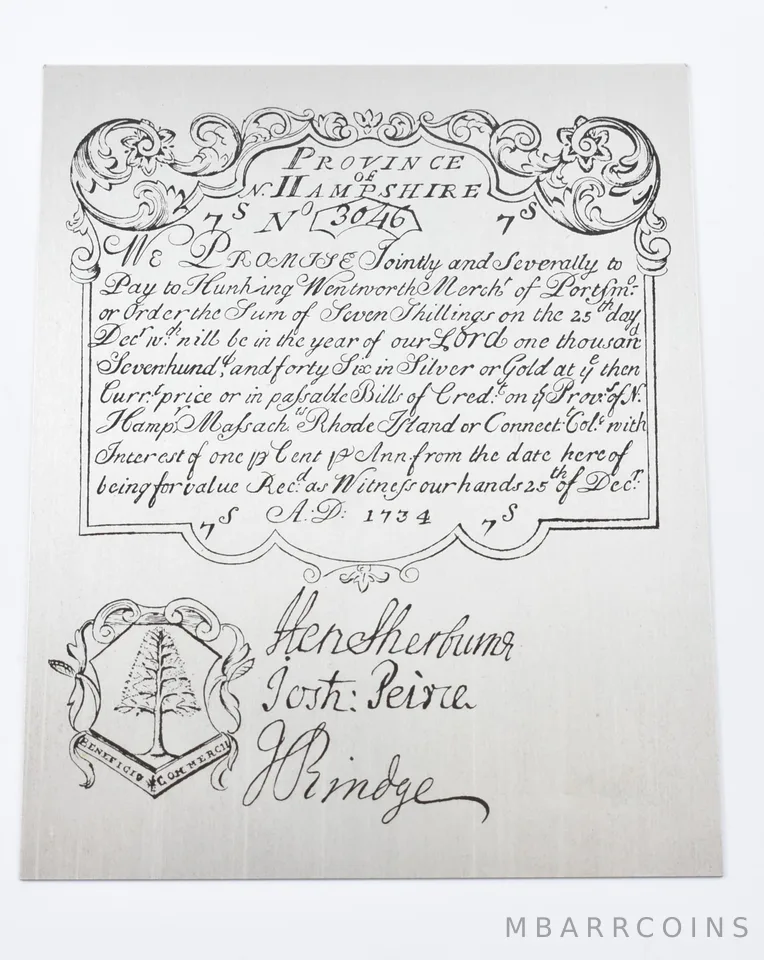 1734 7 Shillings New Hampshire Colonial Currency Silver Plate 59.8g *3276