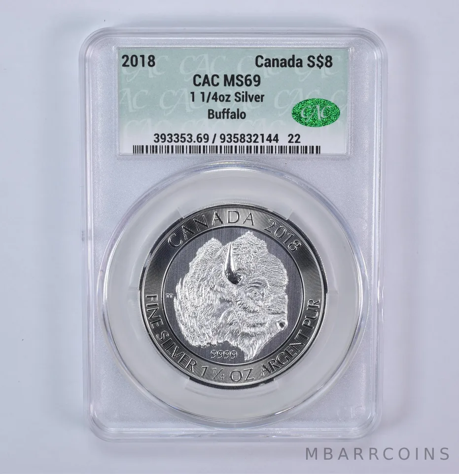 2018 Canada 8 Dollars Silver Buffalo 1 1/4 Oz 1.25 Oz Silver MS69 CAC CACg