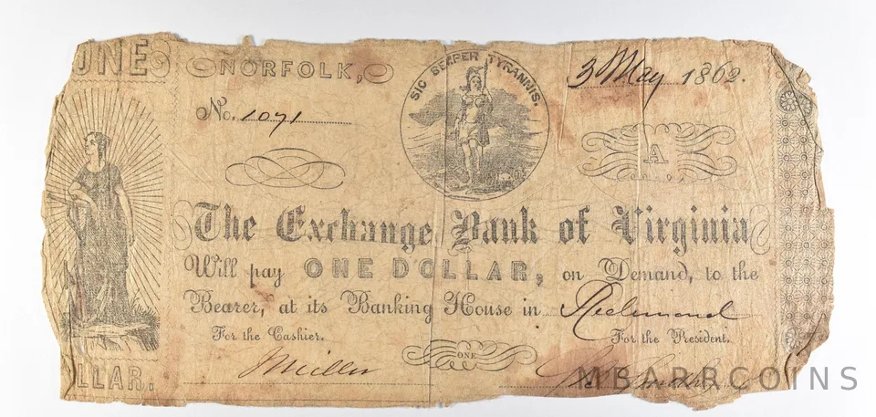 1862 $1 Richmond VA Exchange Bank Obsolete Note *8882