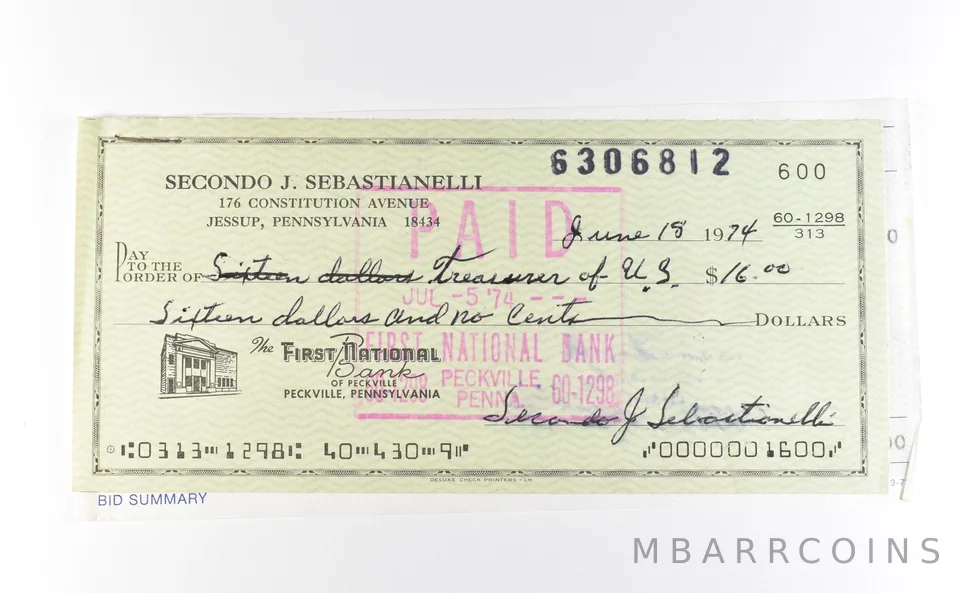 1974 $16 Check GSA Morgan Dollar CC Purchase Receipt *9792