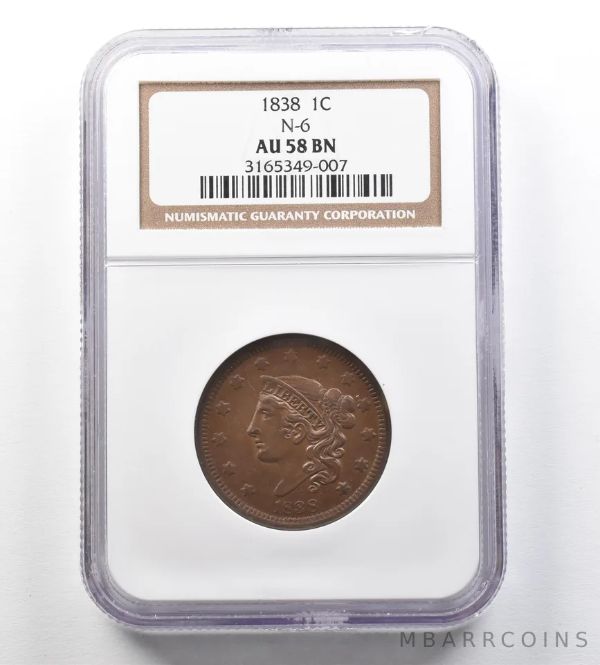 1838 Coronet Head Large Cent N-6 AU58 BN NGC a3450
