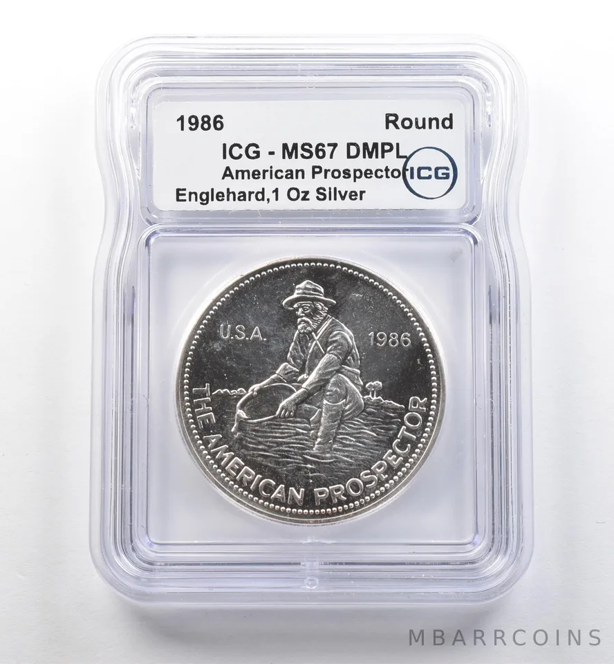 1986 Engelhard 1 Oz Silver American Prospector Eagle Reverse MS67 DMPL ICG *7477