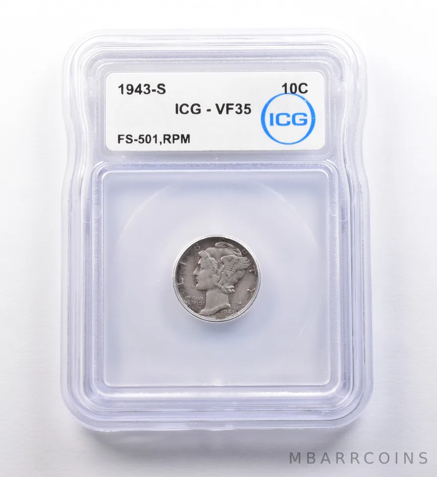 1943-S Mercury Dime FS-501, RPM VF35 ICG *9701