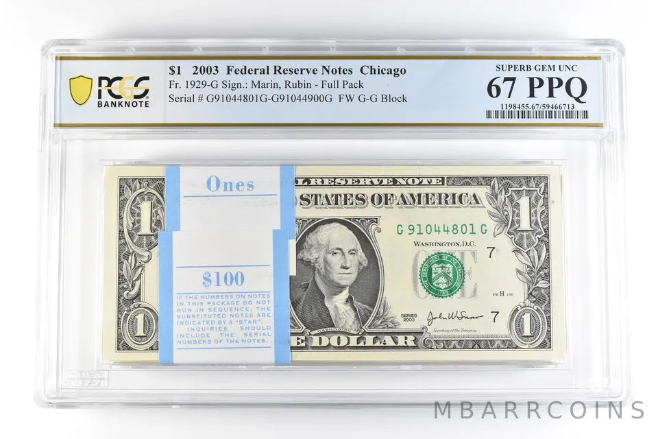 (100) 2003 $1 Chicago IL FRN Fr#1929-G Full Pack Gem Unc 67 PPQ PCGS *9859