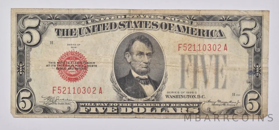 1928-C $5 RED SEAL US United States Note Avg Circ
