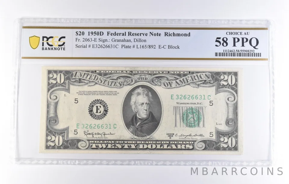 1950 D $20 Richmond VA FRN Fr#2063-E Choice AU 58 PPQ PCGS *8236