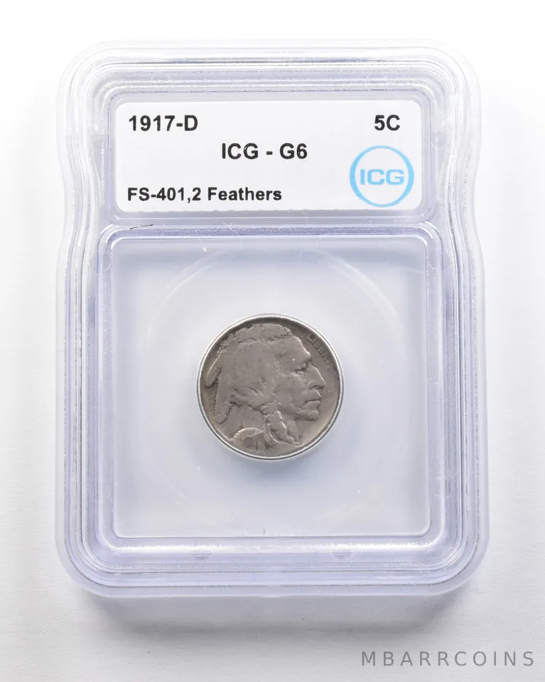 1917-D Indian Head Buffalo Nickel Mint Error FS-401 2 Feathers G6 ICG a1676