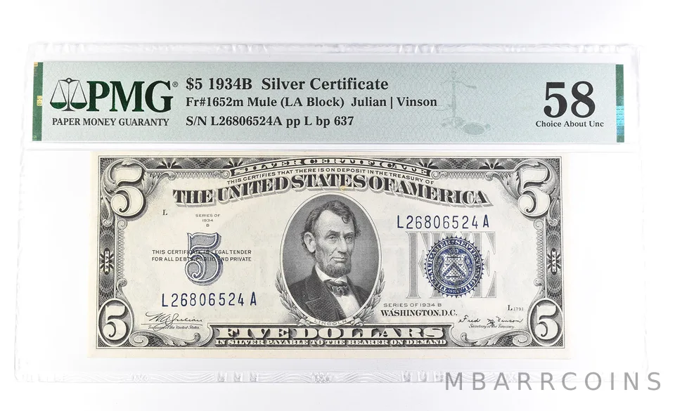 1934 B $5 Silver Certificate Fr#1652m Mule 58 Choice About Unc PMG a0939