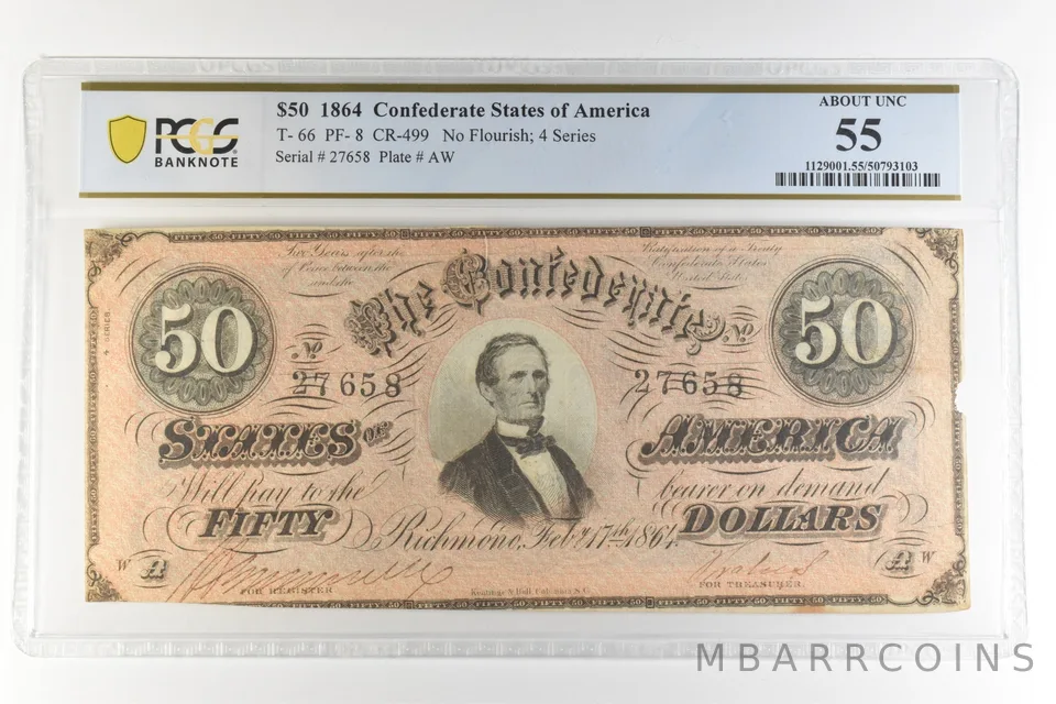 1864 $50 Confederate States America T-66 PF-8 CR-499 AU 55 PCGS *4423
