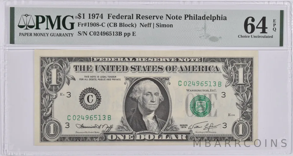 $1 1974 FRN Philadelphia, PA Fr#1908-C PMG Choice Unc 64 EPQ