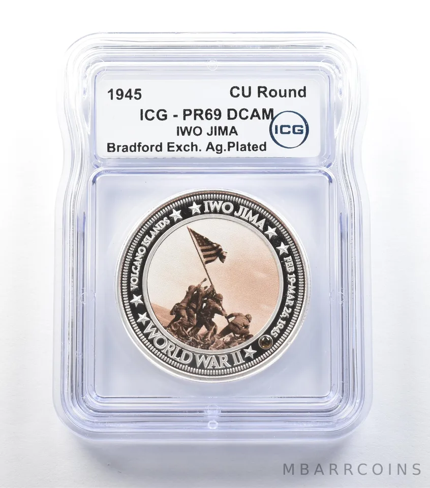 1945 Iwo Jima Copper Round WW II Bradford Exchange PR69 DCAM ICG *0504