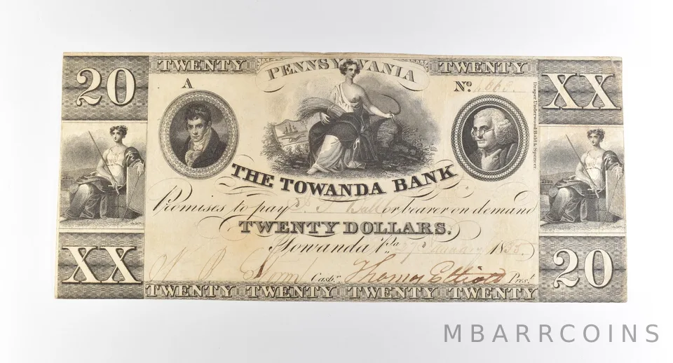 1855 $20 Towanda Bank PA Obsolete Note *3787