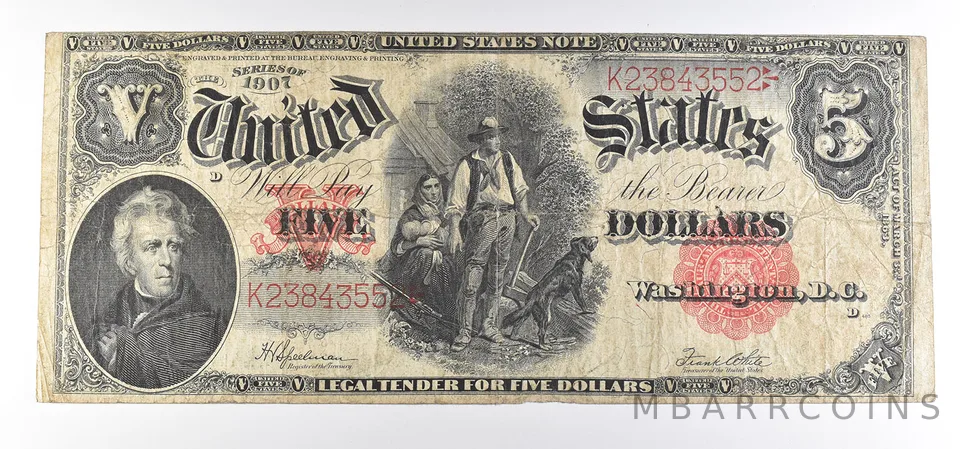 1907 $5 Woodchopper Legal Tender Large Note Red Seal FR#91 *0788