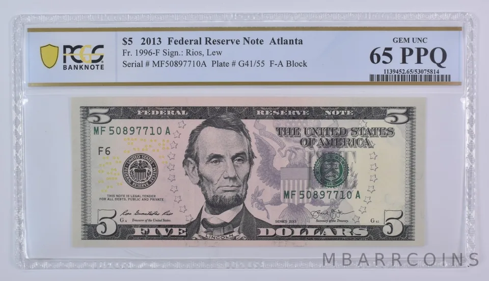 2013 $5 Atlanta GA FRN Fr#1996-F Gem Unc 65 PPQ PCGS