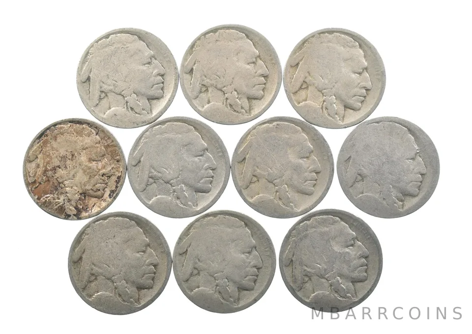 Lot 10 5c RAISED GROUND 1913 Buffalo Nickels First Year Issue! May be P/D/S *628