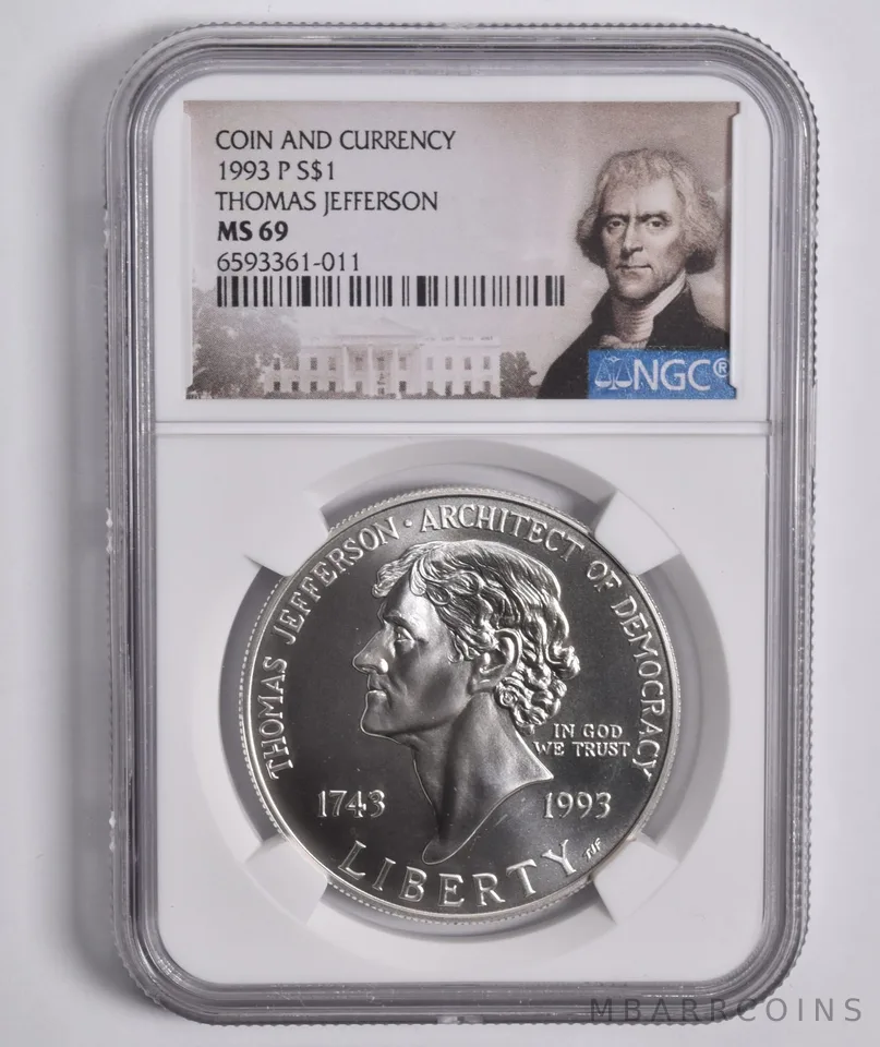 1993-P Jefferson Commem. Silver Dollar Coin & Currency MS69 NGC Face Lbl