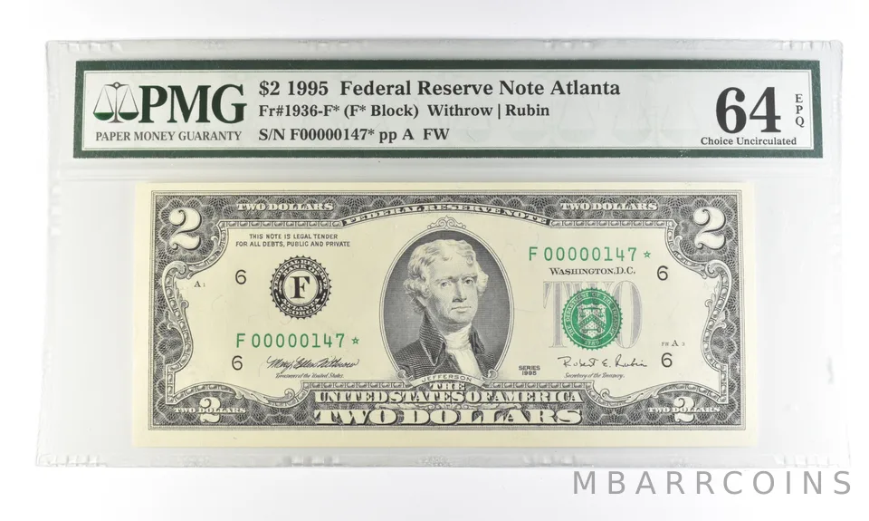 1995 $2 Atlanta GA FRN Fr#1936-F* Star Error Gem Unc 64 EPQ PMG Low Serial *5469