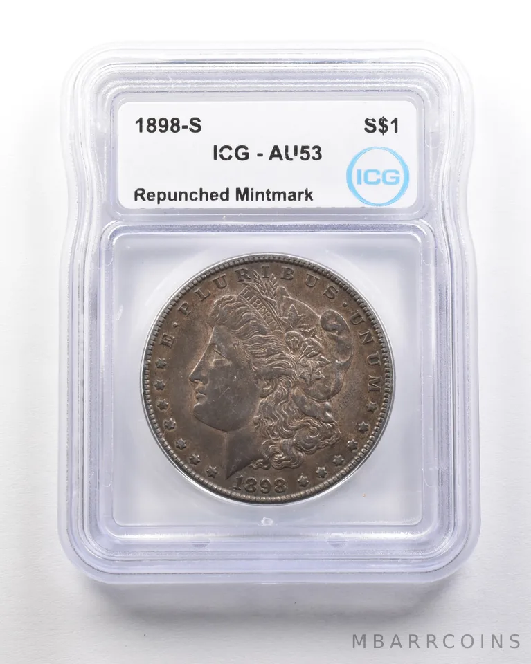 1898-S Morgan Silver Dollar Mint Error Repunched Mintmark AU53 ICG a1663
