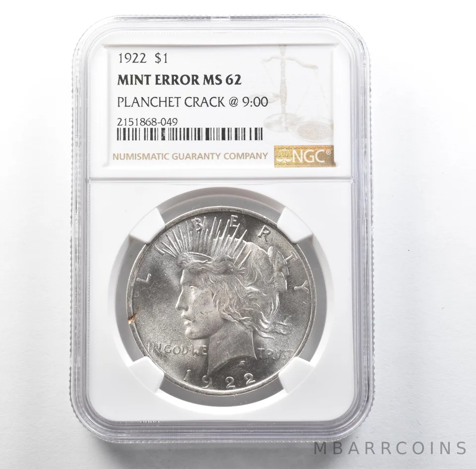 1922 Peace Silver Dollar Mint Error Planchet Crack @ 9:00 MS62 NGC *3167