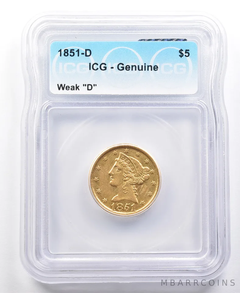 1851-D $5 Liberty Head Gold Half Eagle Weak D Genuine ICG a2013