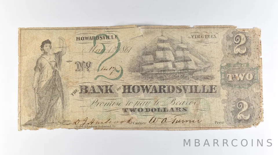 1861 $2 Virginia Bank Of Howardsville Obsolete Note *8219