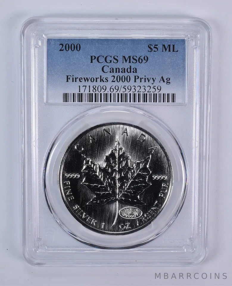 2000 Canada 5 Dollars Silver Maple Leaf Fireworks Privy MS69 PCGS