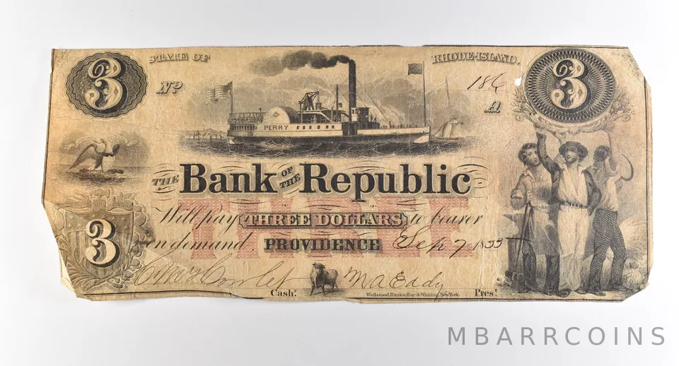 1855 $3 Providence RI Bank Of The Republic Obsolete Note *3777