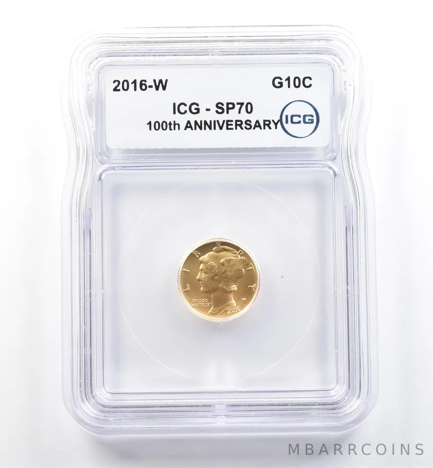 2016-W 10c Gold Mercury Dime 1/10 Oz 24K SP70 ICG