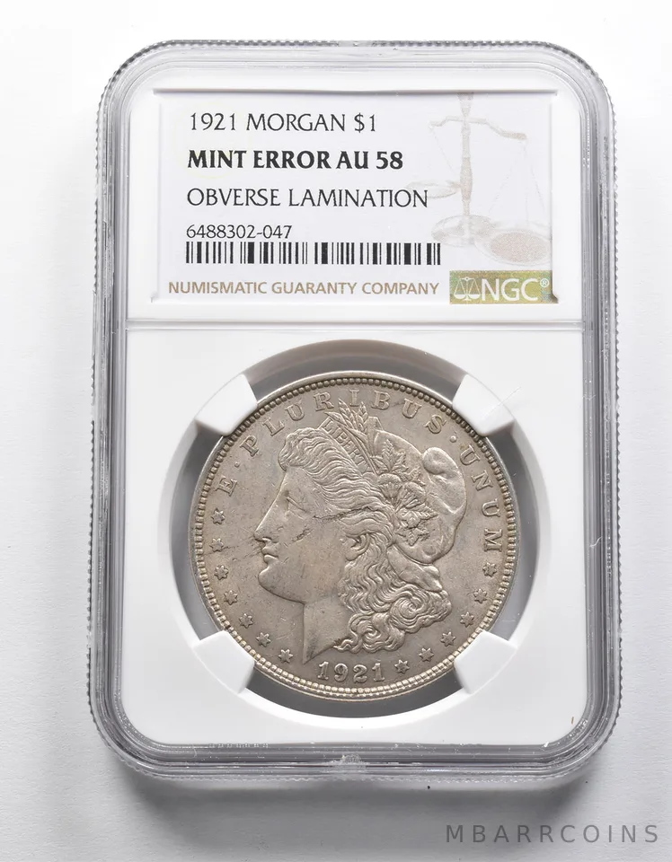 Mint Error AU58 1921 Morgan Silver Dollar OBV Lamination NGC *1974