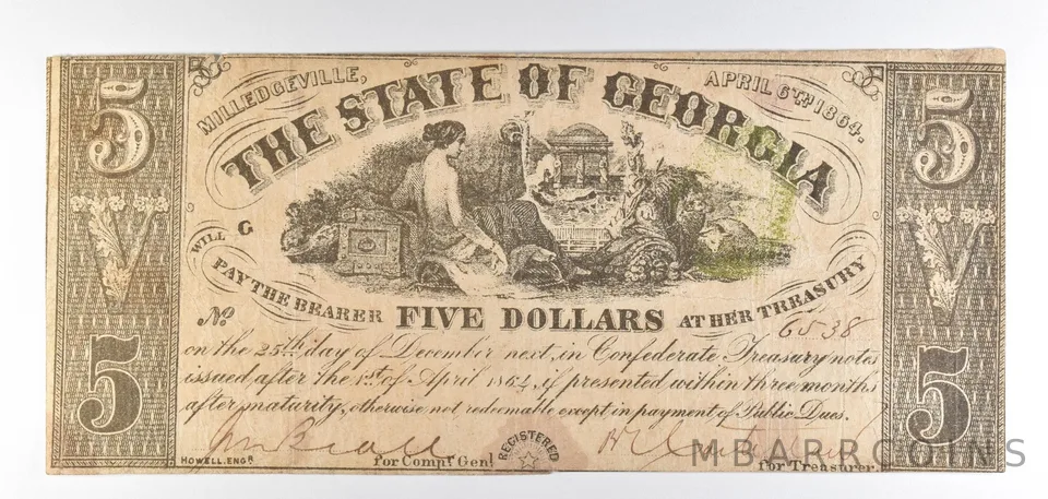 1864 $5 Milledgeville GA Obsolete Note *8804