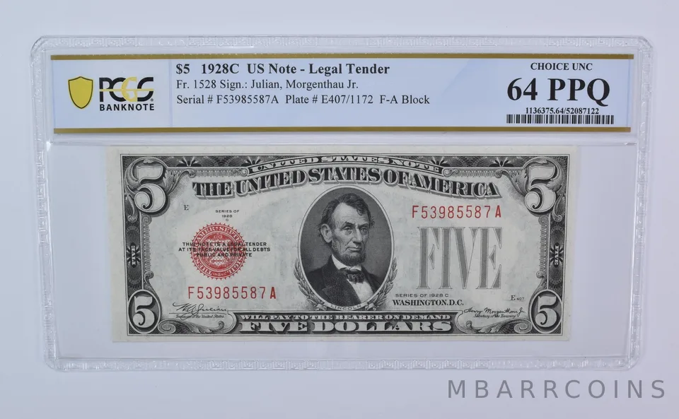 1928 C $5 Legal Tender Fr#1528 Choice Unc 64 PPQ PCGS *8125