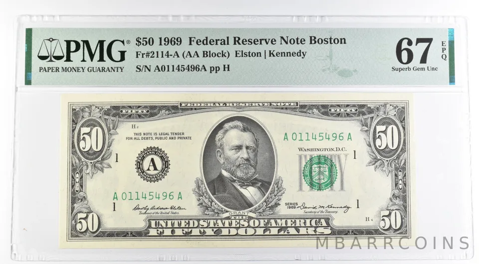 1969 $50 Boston MA US FRN Fr#2114-A 67 Superb Gem Unc EPQ PMG *8492