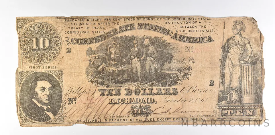 1861 $10 Confederate States Of America T-30 Large Note *8567