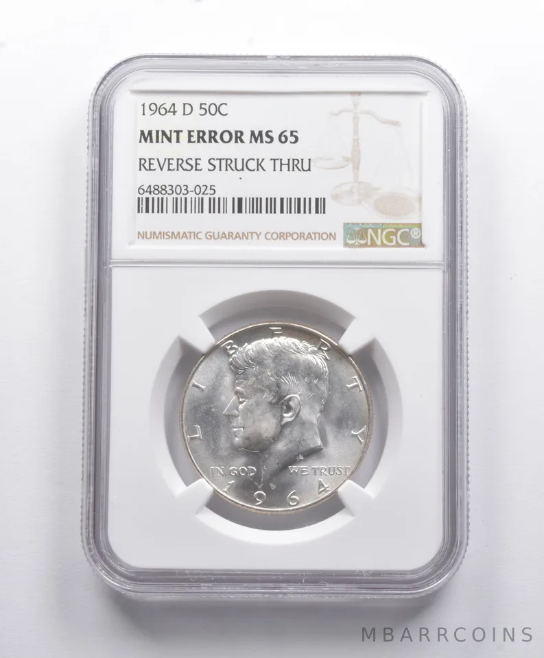 Mint Error MS65 1964-D Kennedy Half Dollar REV Struck Thru NGC a8782
