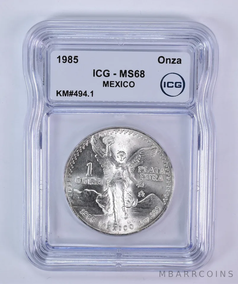 1985 Mo Mexico 1 Onza Silver Libertad KM#494.1 MS68 ICG