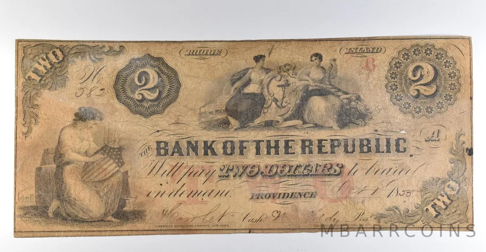 1855 $2 Providence RI Ban Of The Republic Obsolete Note *8387
