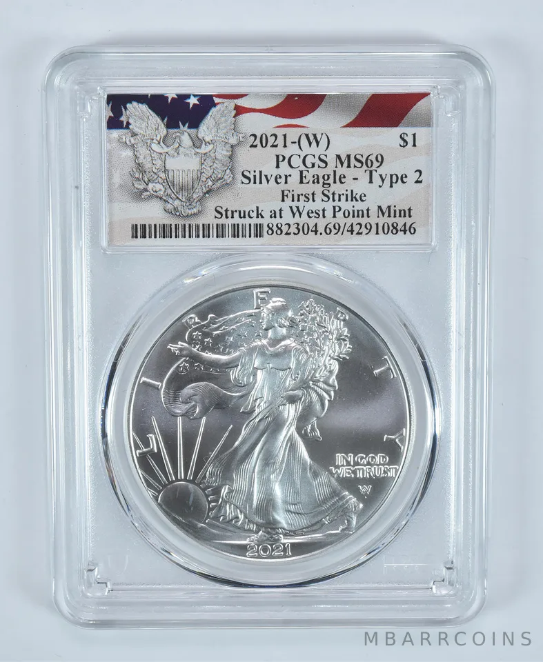 2021 American Silver Eagle Type 2 Struck At West Point FS MS69 PCGS Flag Lbl